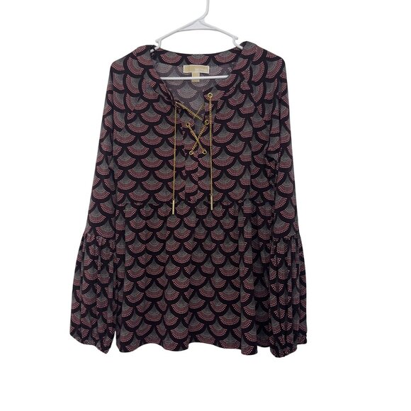 Michael Kors Womens Gold Chain Lace Up Collar Blouse SZ L Stretct Marron & Pink - Picture 1 of 11